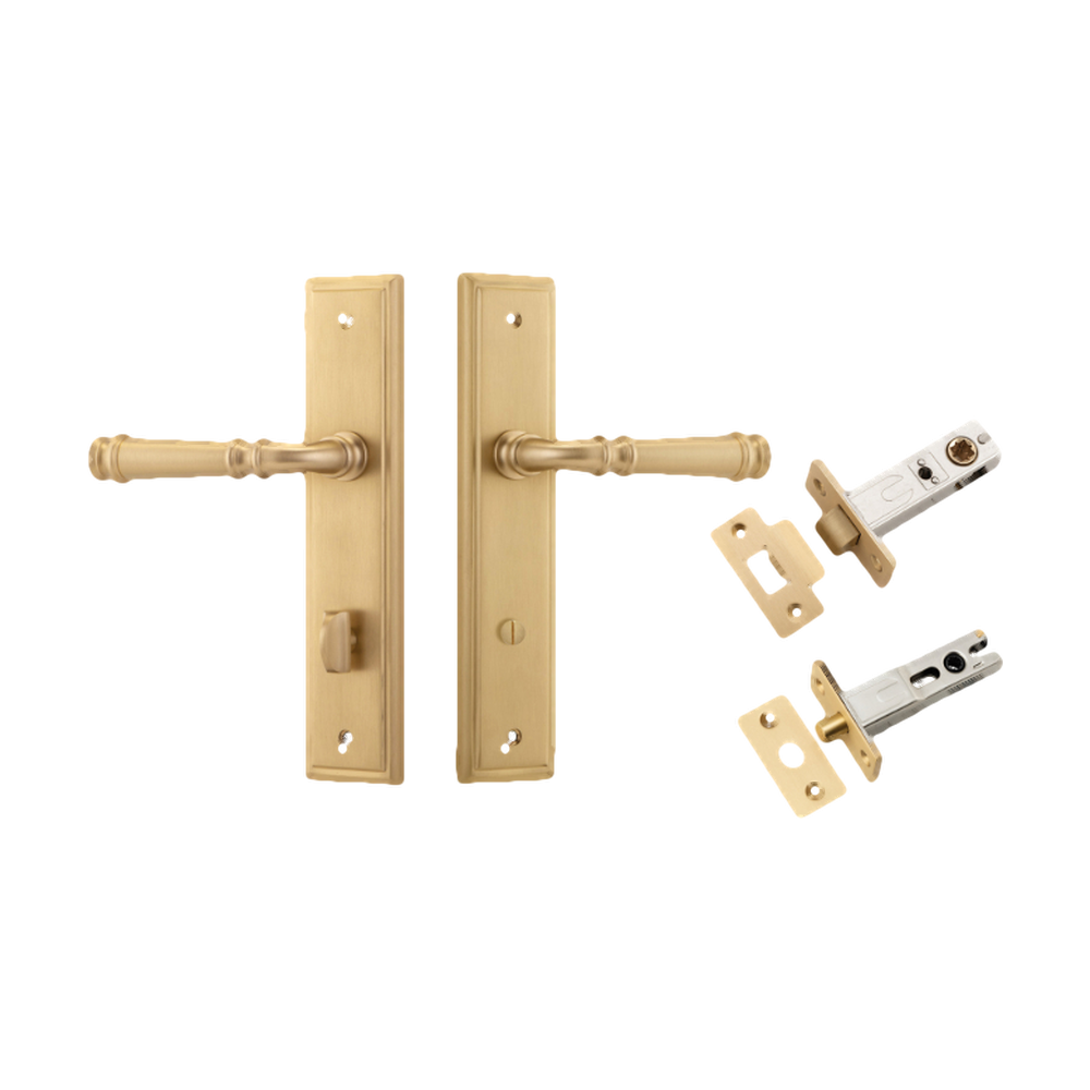 Pair of Iver Verona lever handles on stepped backplates, showcasing sleek architectural hardware design in a brushed finish.