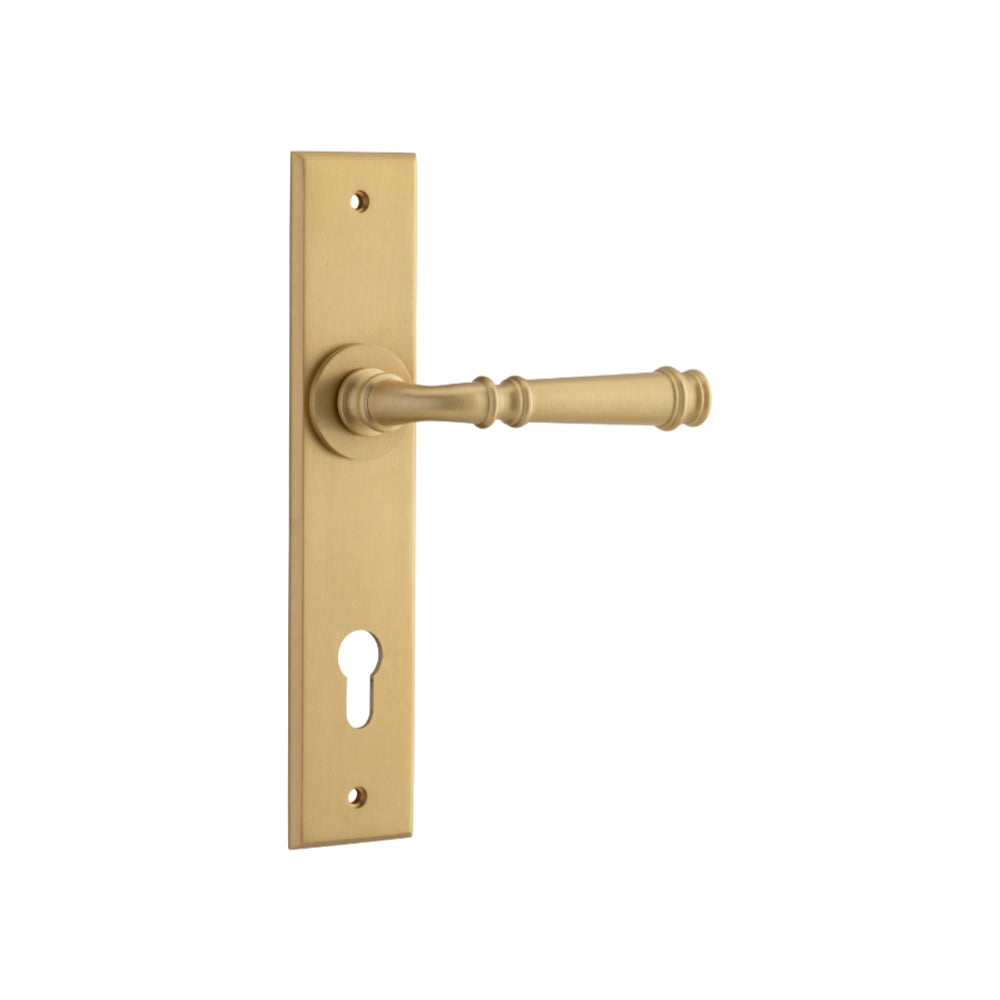 Door Lever Verona Chamfered Euro Brushed Brass CTC85mm H240xW50xP59mm in Satin Brass