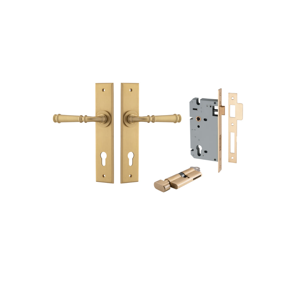 Door Lever Verona Chamfered Euro Pair Brushed Brass CTC85mm L122xP58mm BPH240xW50mm Mortice Lock Euro Brushed Brass CTC85mm Backset 60mm, Euro Cylinder Key Thumb 5 Pin Brushed Brass 65mm KA4 in Satin Brass