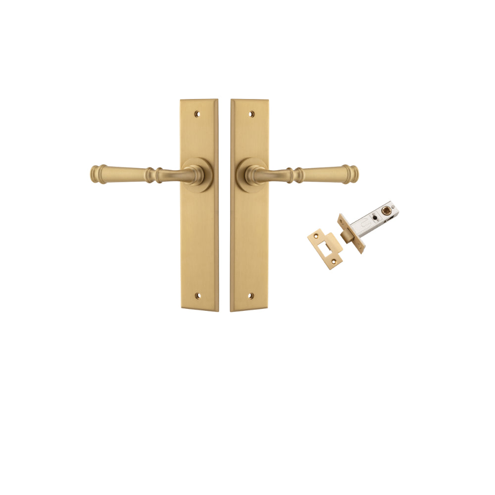 Door Lever Verona Chamfered Brushed Brass L122xP58mm BPH240xW50mm Passage Kit Tube Latch Split Cam 'T' Striker Brushed Brass Backset 60mm in Satin Brass