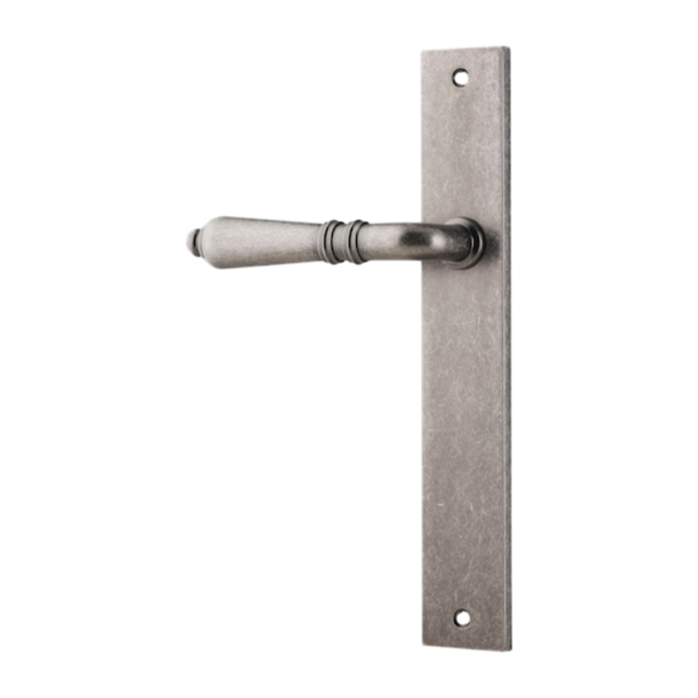 Door Lever Sarlat Rectangular Latch Left Hand Fixed Distressed Nickel L111xP53mm BPH240xW38mm in Distressed Nickel