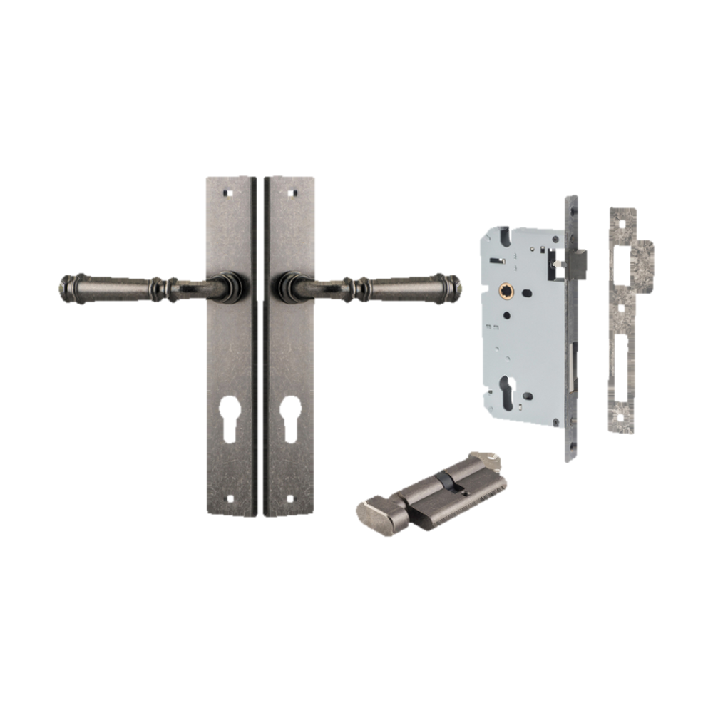 Door Lever Verona Rectangular Euro Distressed Nickel CTC85mm H240xW38xP59mm Entrance Kit, Mortice Lock Euro Distressed Nickel CTC85mm Backset 60mm, Euro Cylinder Key Thumb 6 Pin Distressed Nickel L70mm KA1 in Distressed Nickel