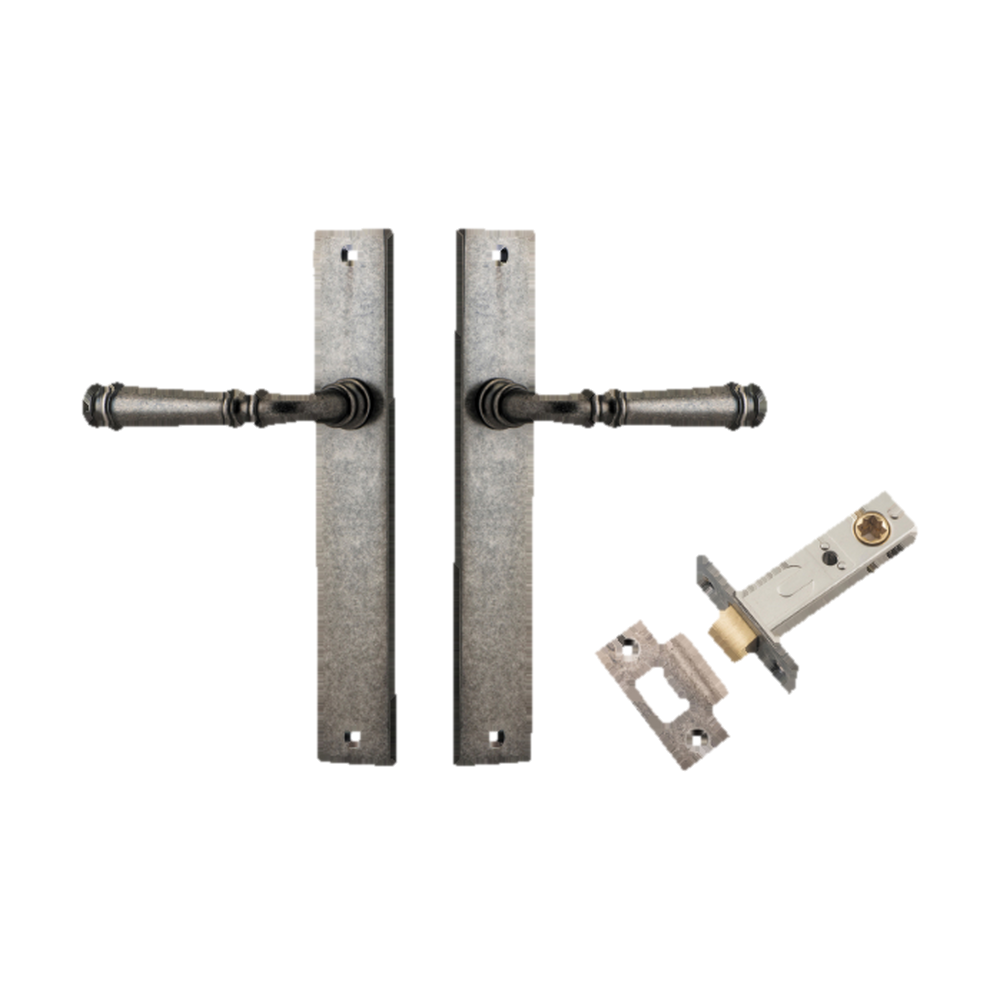 Door Lever Verona Rectangular Latch Distressed Nickel H240xW38xP59mm Passage Kit, Tube Latch Split Cam 'T' Striker Distressed Nickel Backset 60mm in Distressed Nickel
