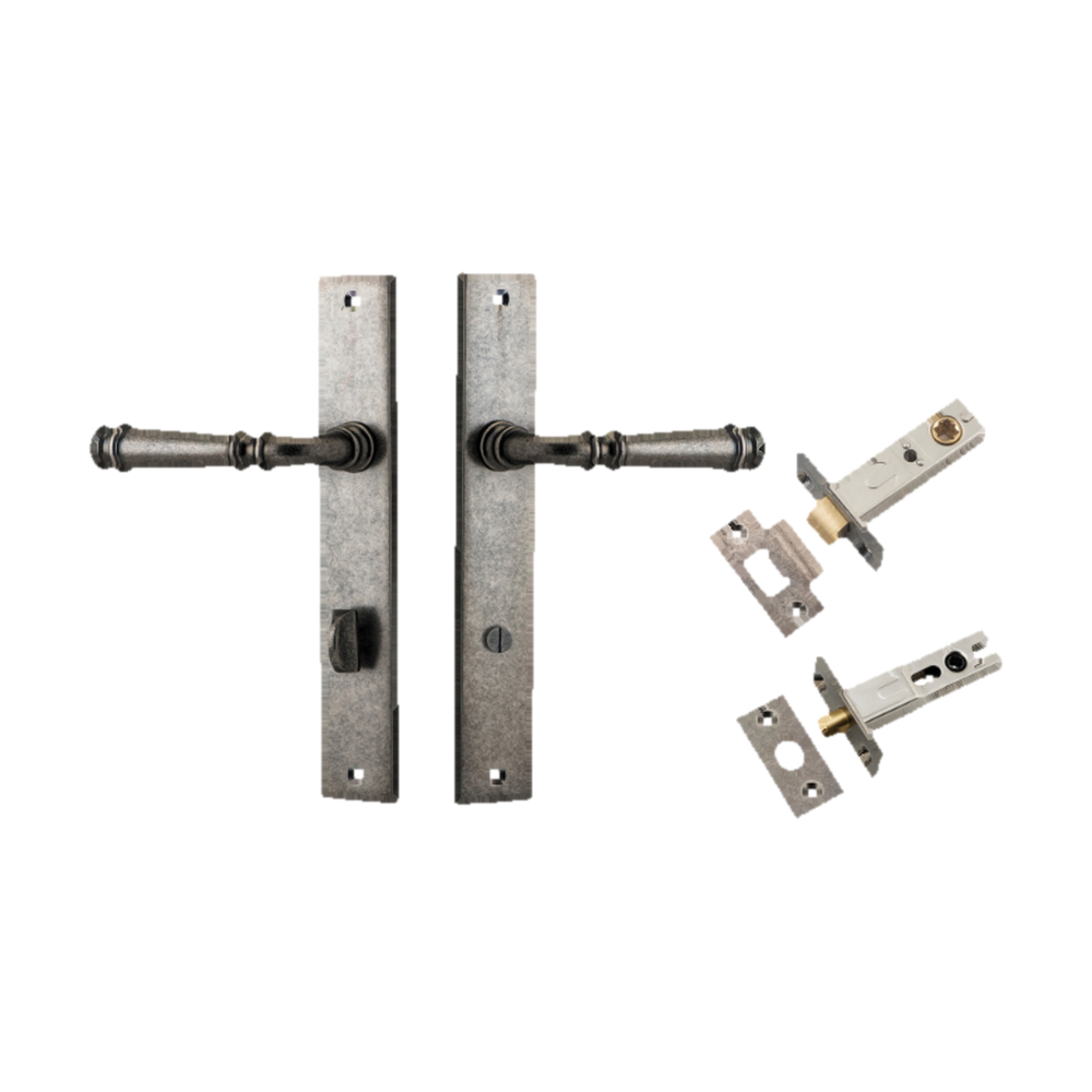 Door Lever Verona Rectangular Privacy Distressed Nickel CTC85mm H240xW38xP59mm Inbuilt Privacy Kit, Tube Latch Split Cam 'T' Striker Distressed Nickel Backset 60mm, Privacy Bolt Round Bolt Distressed Nickel Backset 60mm in Distressed Nickel