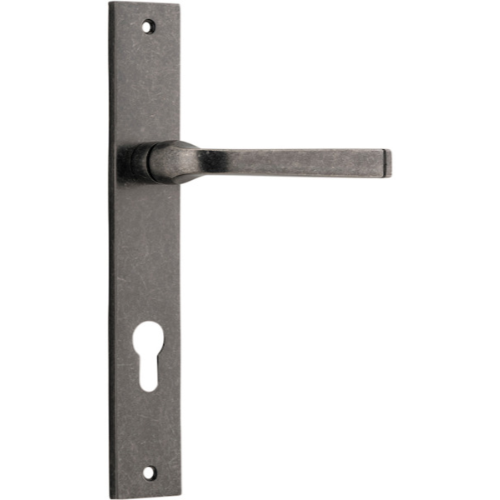 Pair of Iver Annecy lever door handles with rectangular backplates, featuring modern design and polished finish.