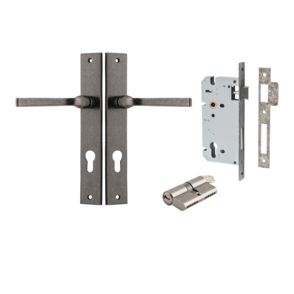 Pair of Iver Annecy lever handles with rectangular backplates, featuring a sleek, modern design in a polished finish.