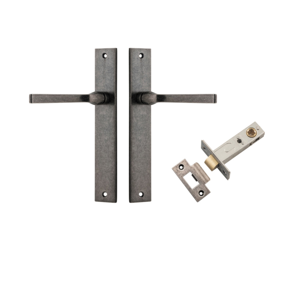 Door Lever Annecy Rectangular Latch Distressed Nickel H240xW38xP65mm Passage Kit, Tube Latch Split Cam 'T' Striker Distressed Nickel Backset 60mm in Distressed Nickel