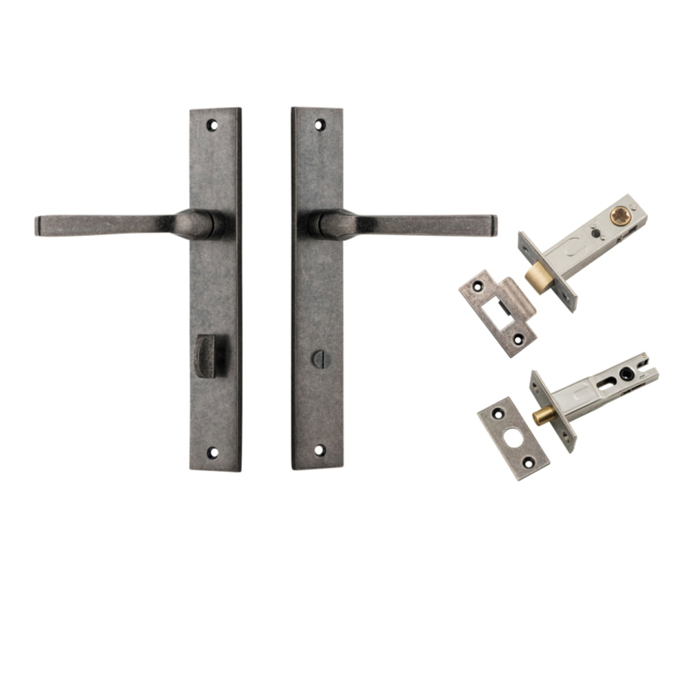Door Lever Annecy Rectangular Privacy Distressed Nickel CTC85mm H240xW38xP65mm Inbuilt Privacy Kit, Tube Latch Split Cam 'T' Striker Distressed Nickel Backset 60mm, Privacy Bolt Round Bolt Distressed Nickel Backset 60mm in Distressed Nickel