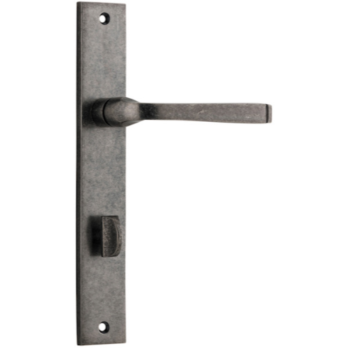 Pair of Iver Annecy lever handles on rectangular backplates, featuring sleek, modern design with polished finish for doors.