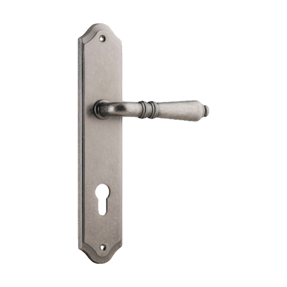 Door Lever Sarlat Shouldered Euro Distressed Nickel CTC85mm H250xW48xP57mm in Distressed Nickel