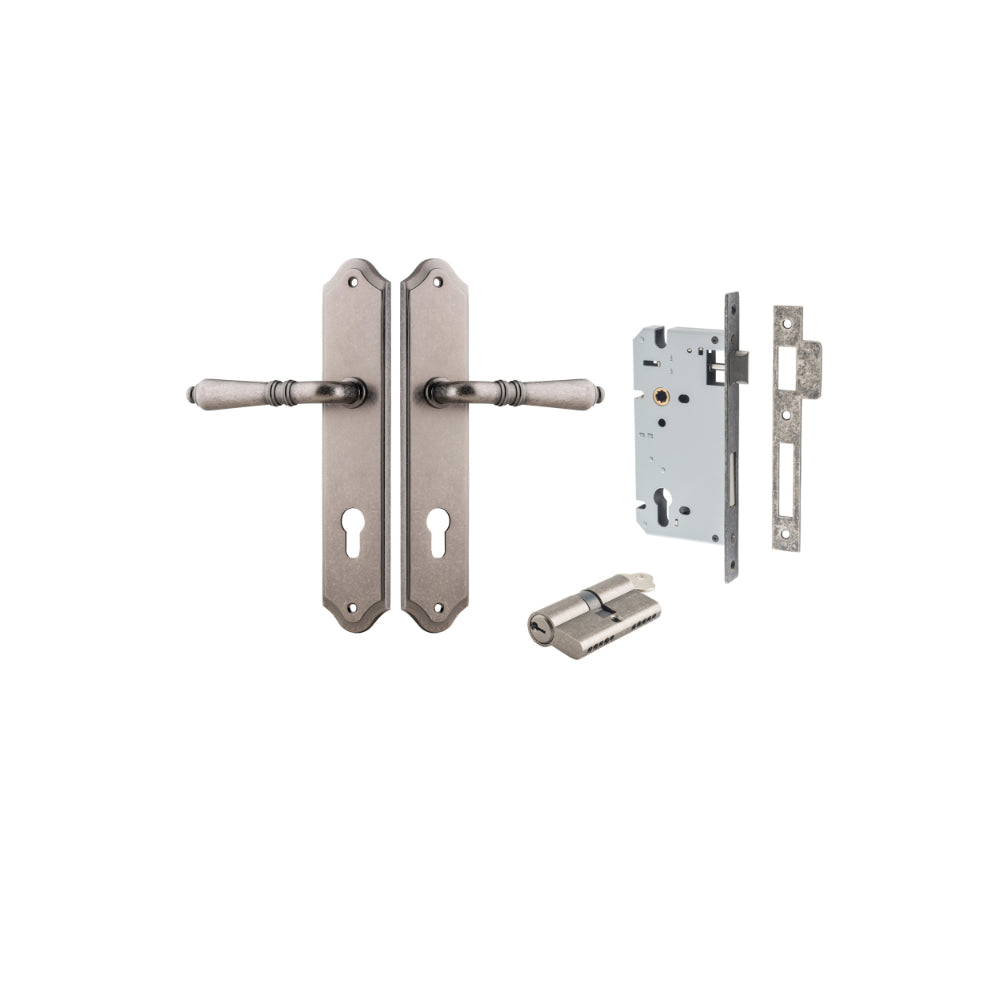 Door Lever Sarlat Shouldered Euro Distressed Nickel CTC85mm H250xW48xP57mm Entrance Kit Mortice Lock Euro Distressed Nickel CTC85mm Backset 60mm, Euro Cylinder Dual Function 5 Pin Distressed Nickel L65mm KA1 in Distressed Nickel