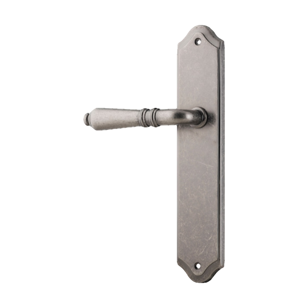 Door Lever Sarlat Shouldered Latch Left Hand Fixed Distressed Nickel L111xP55mm BPH250xW48mm in Distressed Nickel