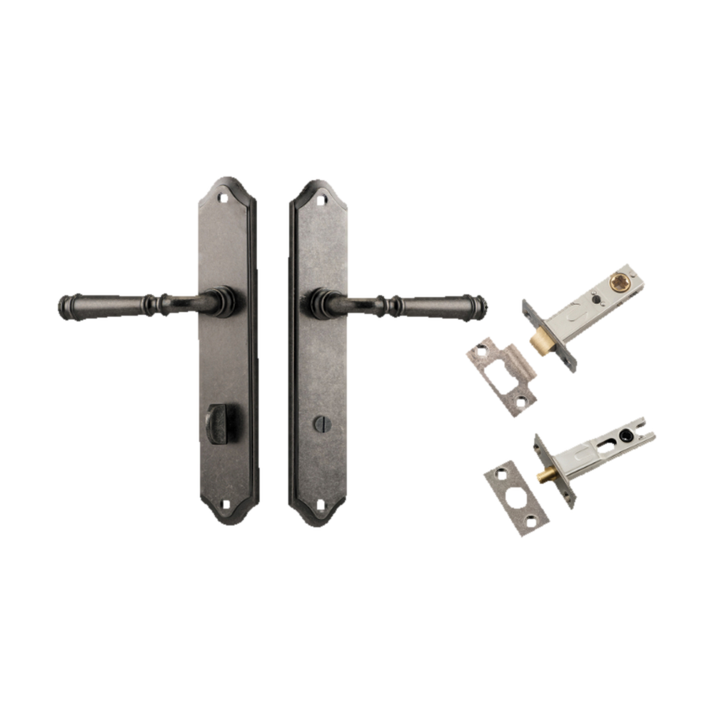 Door Lever Verona Shouldered Privacy Distressed Nickel CTC85mm H240xW50xP59mm Inbuilt Privacy Kit Tube Latch Split Cam 'T' Striker Distressed Nickel Backset 60mm, Privacy Bolt Round Bolt Distressed Nickel Backset 60mm in Distressed Nickel