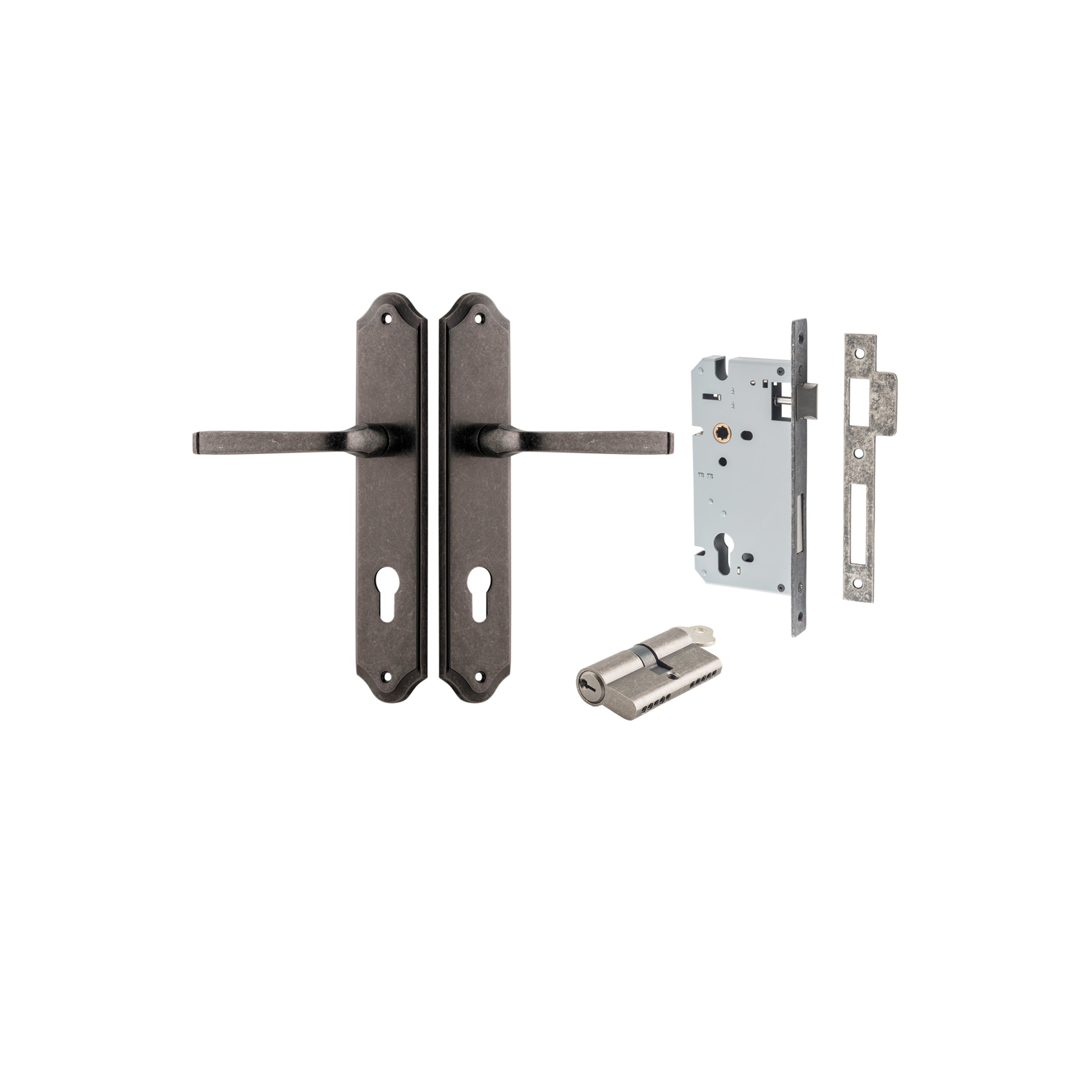 Door Lever Annecy Shouldered Euro Distressed Nickel CTC85mm H240xW50xP65mm Entrance Kit Mortice Lock Euro Distressed Nickel CTC85mm Backset 60mm, Euro Cylinder Dual Function 5 Pin Distressed Nickel L65mm KA1 in Distressed Nickel