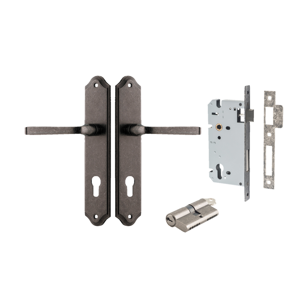 Door Lever Annecy Shouldered Euro Distressed Nickel CTC85mm H240xW50xP65mm Entrance Kit Mortice Lock Euro Distressed Nickel CTC85mm Backset 60mm, Euro Cylinder Dual Function 5 Pin Distressed Nickel L65mm KA1 in Distressed Nickel