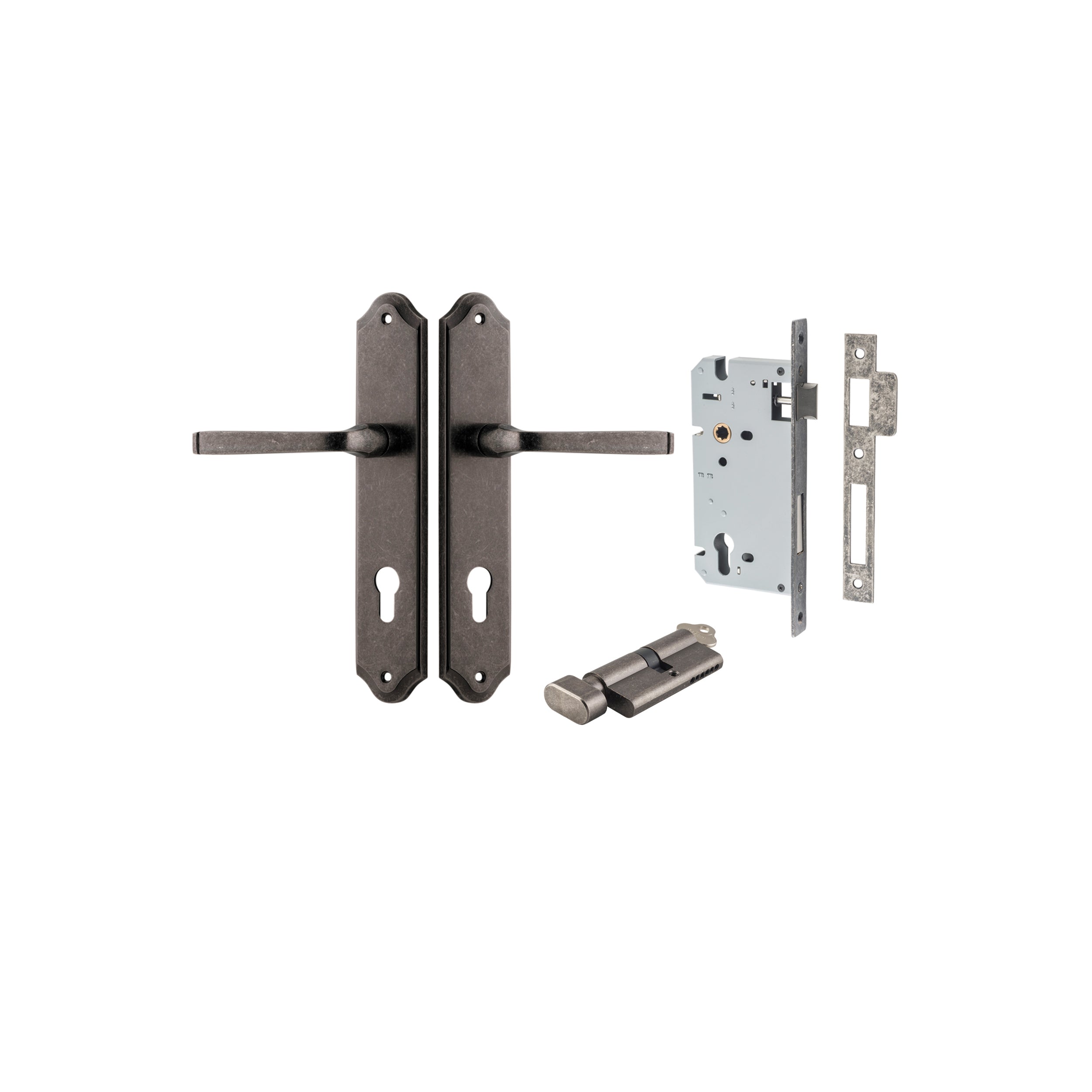 Door Lever Annecy Shouldered Euro Distressed Nickel CTC85mm H240xW50xP65mm Entrance Kit Mortice Lock Euro Distressed Nickel CTC85mm Backset 60mm, Euro Cylinder Key Thumb 6 Pin Distressed Nickel L70mm KA1 in Distressed Nickel