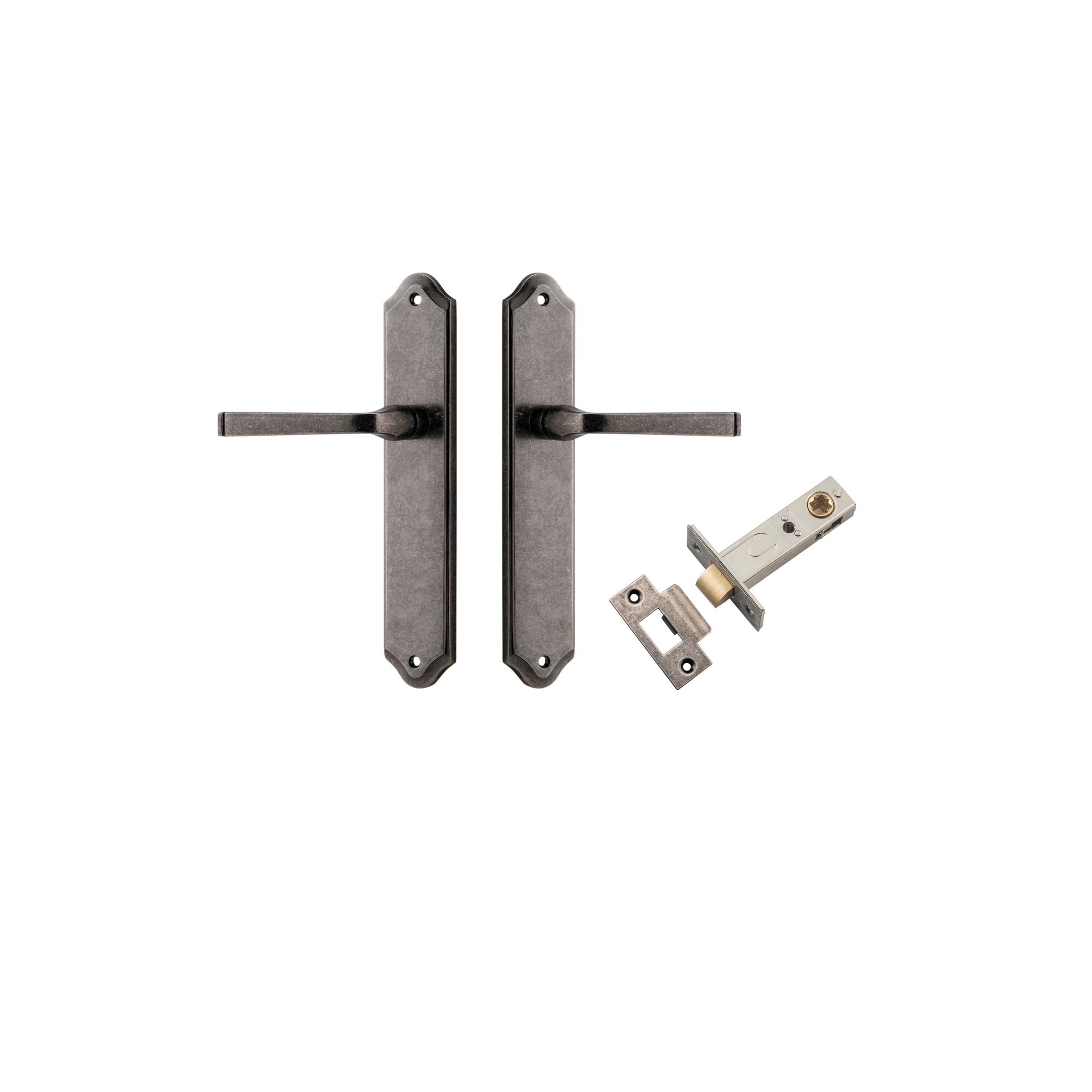 Pair of Iver Annecy lever handles on shouldered backplates, featuring polished brass finish for traditional door hardware.