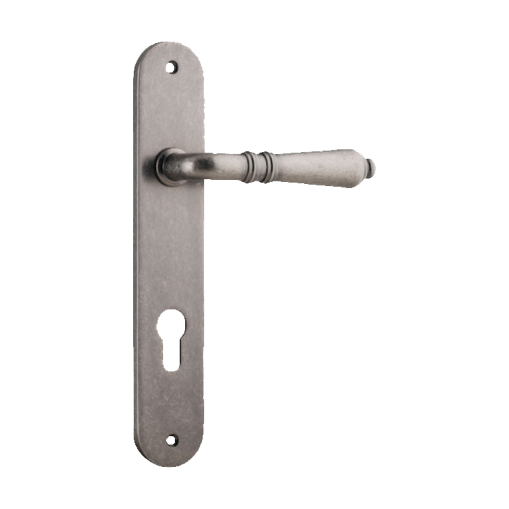 Door Lever Sarlat Oval Euro Distressed Nickel CTC85mm H230xW40xP55mm in Distressed Nickel
