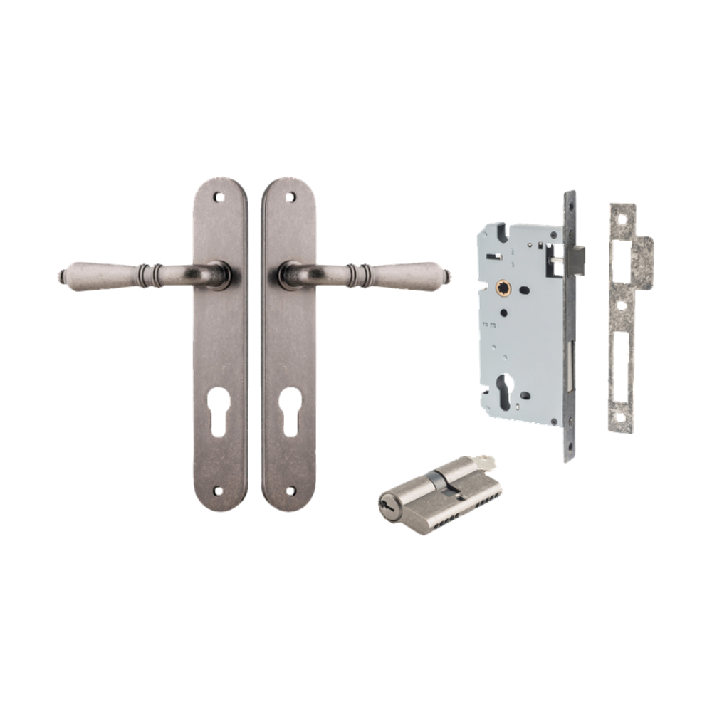 Door Lever Sarlat Oval Euro Distressed Nickel CTC85mm H240xW40xP55mm Entrance Kit Mortice Lock Euro Distressed Nickel CTC85mm Backset 60mm, Euro Cylinder Dual Function 5 Pin Distressed Nickel L65mm KA1 in Distressed Nickel