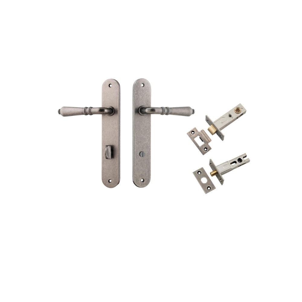 Pair of Iver Sarlat lever door handles on oval backplates, featuring a sleek black finish and modern design.