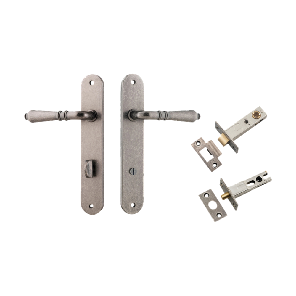 Door Lever Sarlat Oval Privacy Distressed Nickel CTC85mm H240xW40xP55mm Privacy Kit Tube Latch Split Cam 'T' Striker Distressed Nickel Backset 60mm, Privacy Bolt Round Bolt Distressed Nickel Backset 60mm in Distressed Nickel