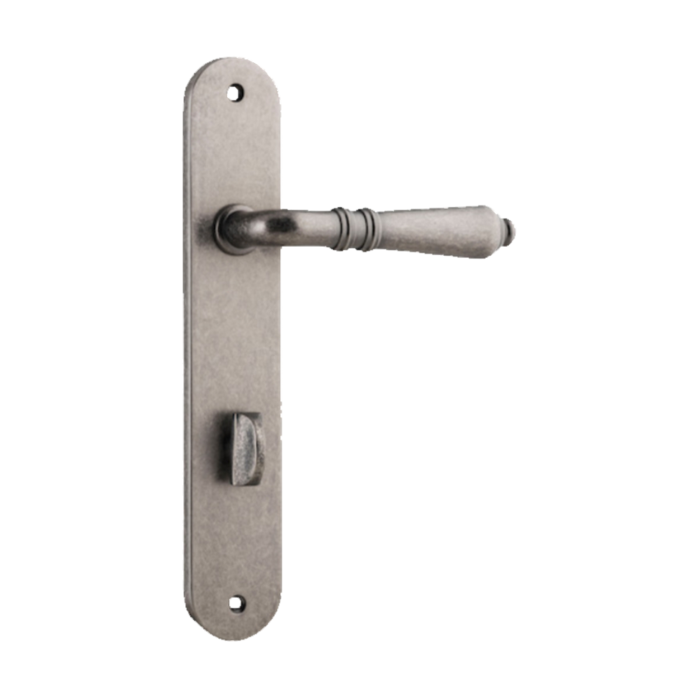 Door Lever Sarlat Oval Privacy Distressed Nickel CTC85mm H230xW40xP55mm in Distressed Nickel