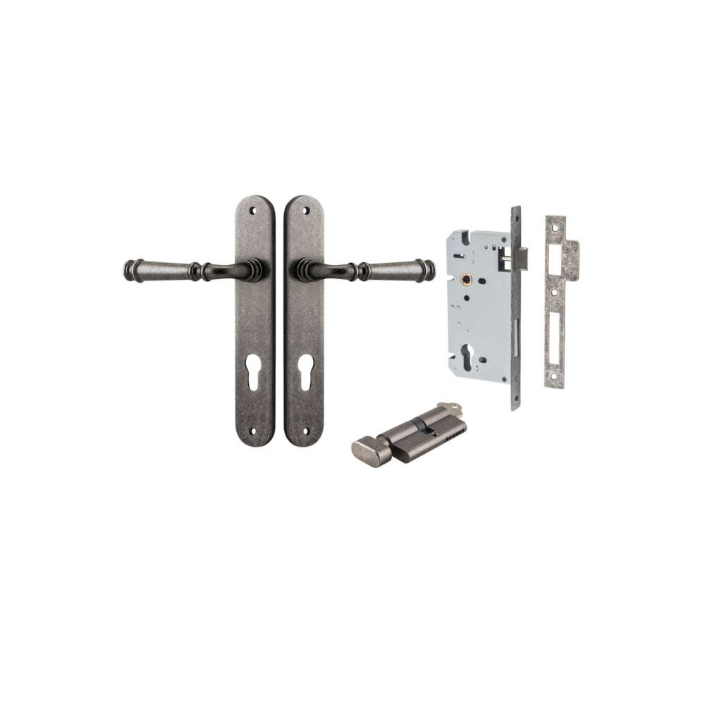 Door Lever Verona Oval Euro Distressed Nickel CTC85mm H240xW40xP59mm Entrance Kit Mortice Lock Euro Distressed Nickel CTC85mm Backset 60mm, Euro Cylinder Key Thumb 6 Pin Distressed Nickel L70mm KA1 in Distressed Nickel