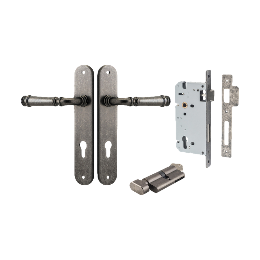 Door Lever Verona Oval Euro Distressed Nickel CTC85mm H240xW40xP59mm Entrance Kit Mortice Lock Euro Distressed Nickel CTC85mm Backset 60mm, Euro Cylinder Key Thumb 6 Pin Distressed Nickel L70mm KA1 in Distressed Nickel