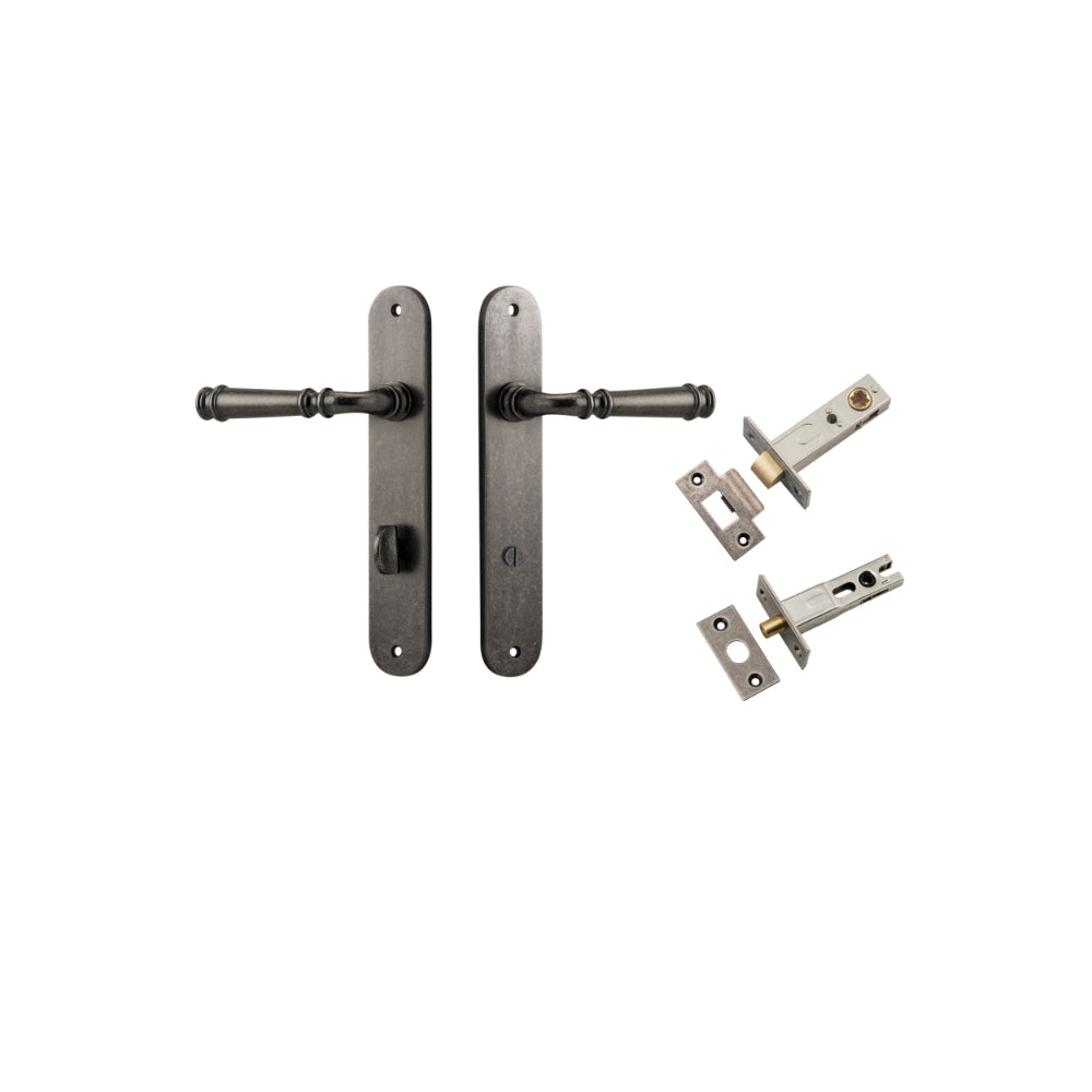 Door Lever Verona Oval Privacy Distressed Nickel CTC85mm H240xW40xP59mm Inbuilt Privacy Kit Tube Latch Split Cam 'T' Striker Distressed Nickel Backset 60mm, Privacy Bolt Round Bolt Distressed Nickel Backset 60mm in Distressed Nickel