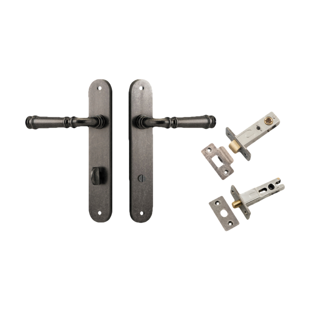Door Lever Verona Oval Privacy Distressed Nickel CTC85mm H240xW40xP59mm Inbuilt Privacy Kit Tube Latch Split Cam 'T' Striker Distressed Nickel Backset 60mm, Privacy Bolt Round Bolt Distressed Nickel Backset 60mm in Distressed Nickel