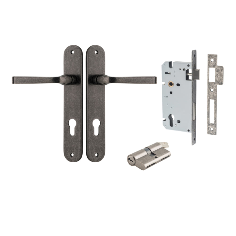 Door Lever Annecy Oval Euro Distressed Nickel CTC85mm H240xW40xP62mm Entrance Kit Mortice Lock Euro Distressed Nickel CTC85mm Backset 60mm, Euro Cylinder Dual Function 5 Pin Distressed Nickel L65mm KA1 in Distressed Nickel