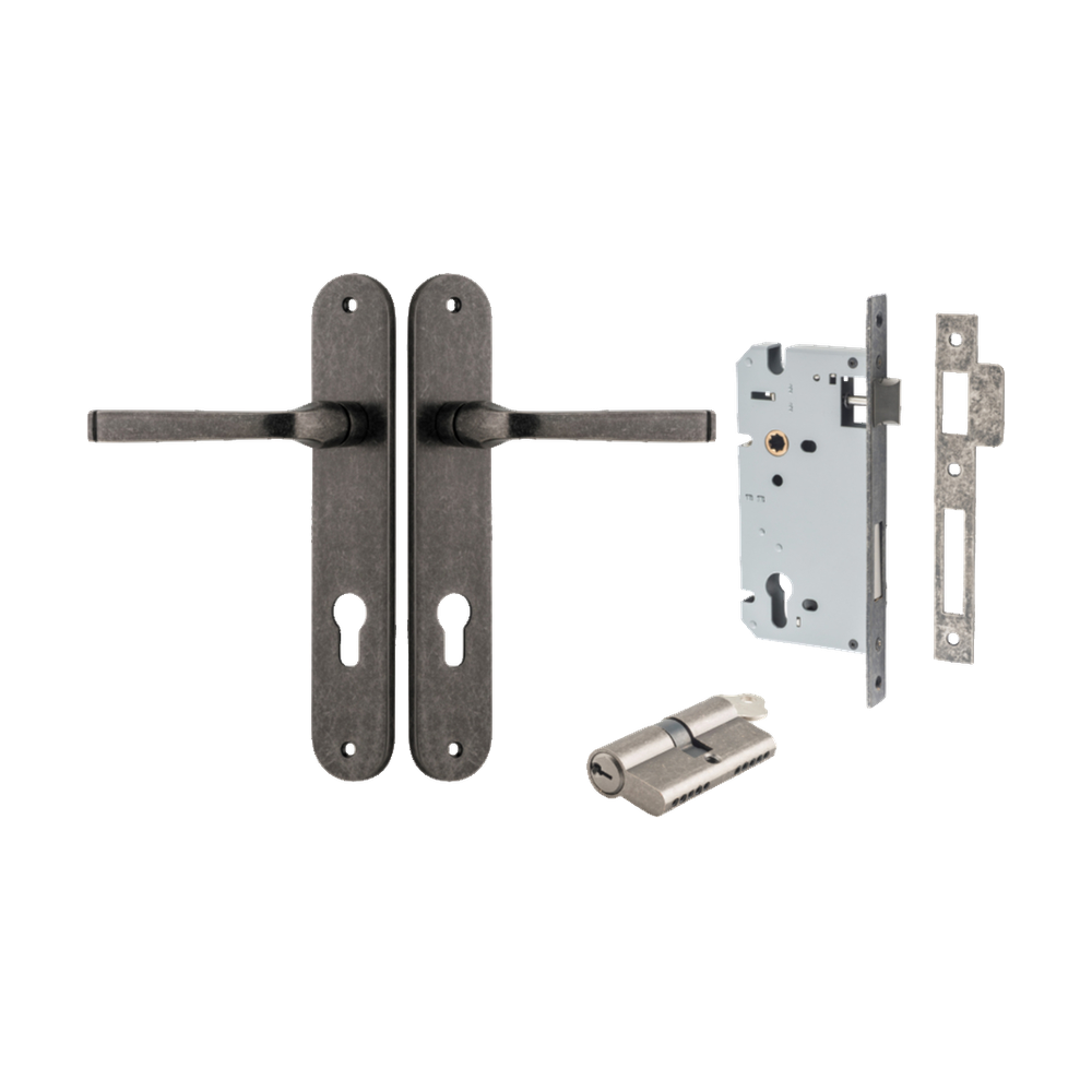 Door Lever Annecy Oval Euro Distressed Nickel CTC85mm H240xW40xP62mm Entrance Kit Mortice Lock Euro Distressed Nickel CTC85mm Backset 60mm, Euro Cylinder Dual Function 5 Pin Distressed Nickel L65mm KA1 in Distressed Nickel
