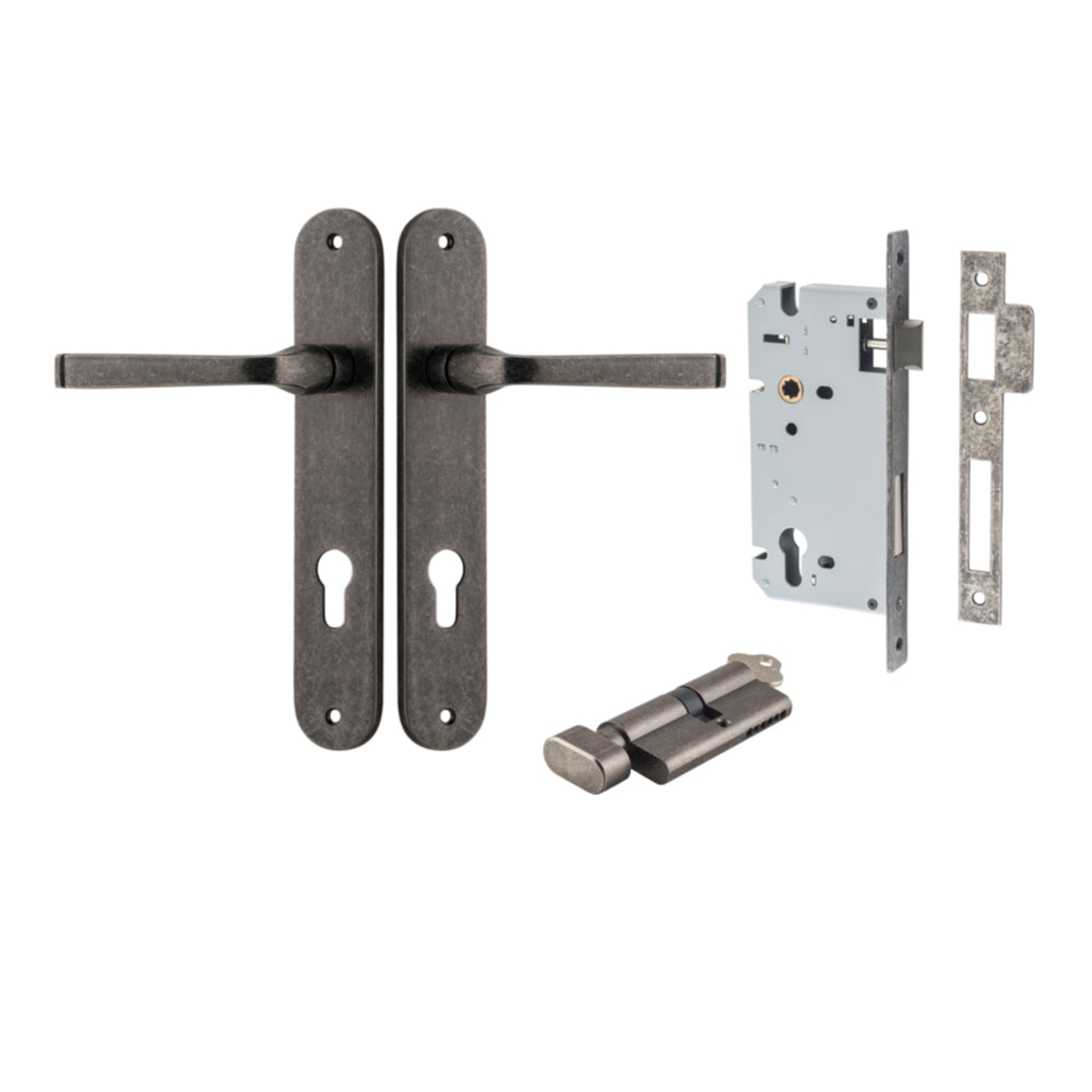 Door Lever Annecy Oval Euro Distressed Nickel CTC85mm H240xW40xP62mm Entrance Kit Mortice Lock Euro Distressed Nickel CTC85mm Backset 60mm, Euro Cylinder Key Thumb 6 Pin Distressed Nickel L70mm KA1 in Distressed Nickel