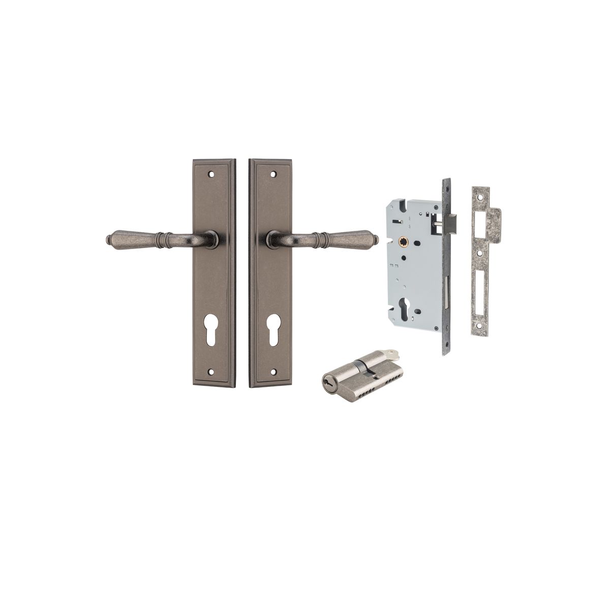 Pair of Iver Sarlat lever door handles on stepped backplate, featuring a sleek, modern design in a polished finish.