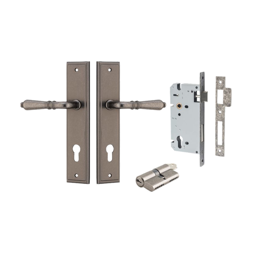 Door Lever Sarlat Stepped Distressed Nickel Key / Key Entrance Kit in Distressed Nickel