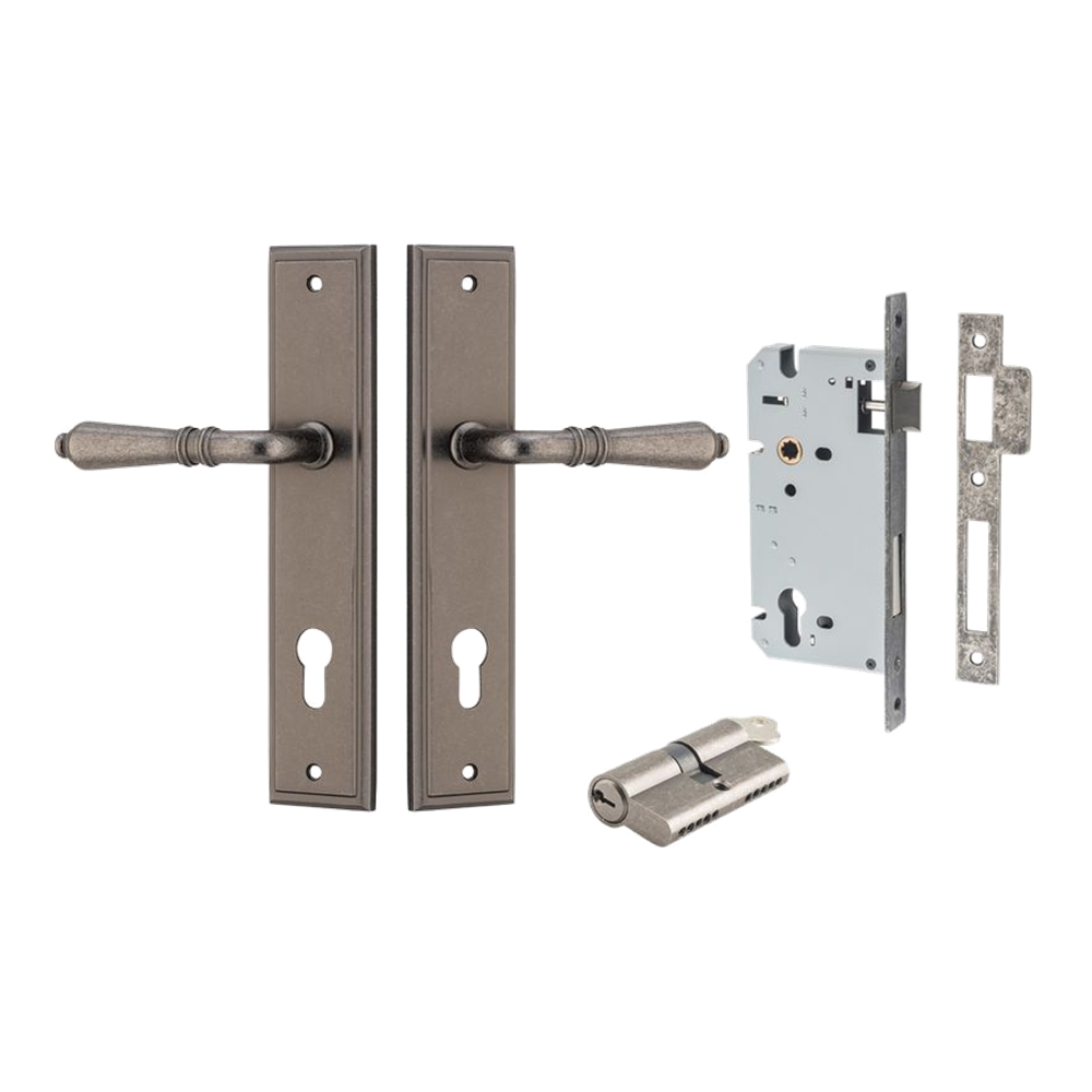 Door Lever Sarlat Stepped Distressed Nickel Key / Key Entrance Kit in Distressed Nickel