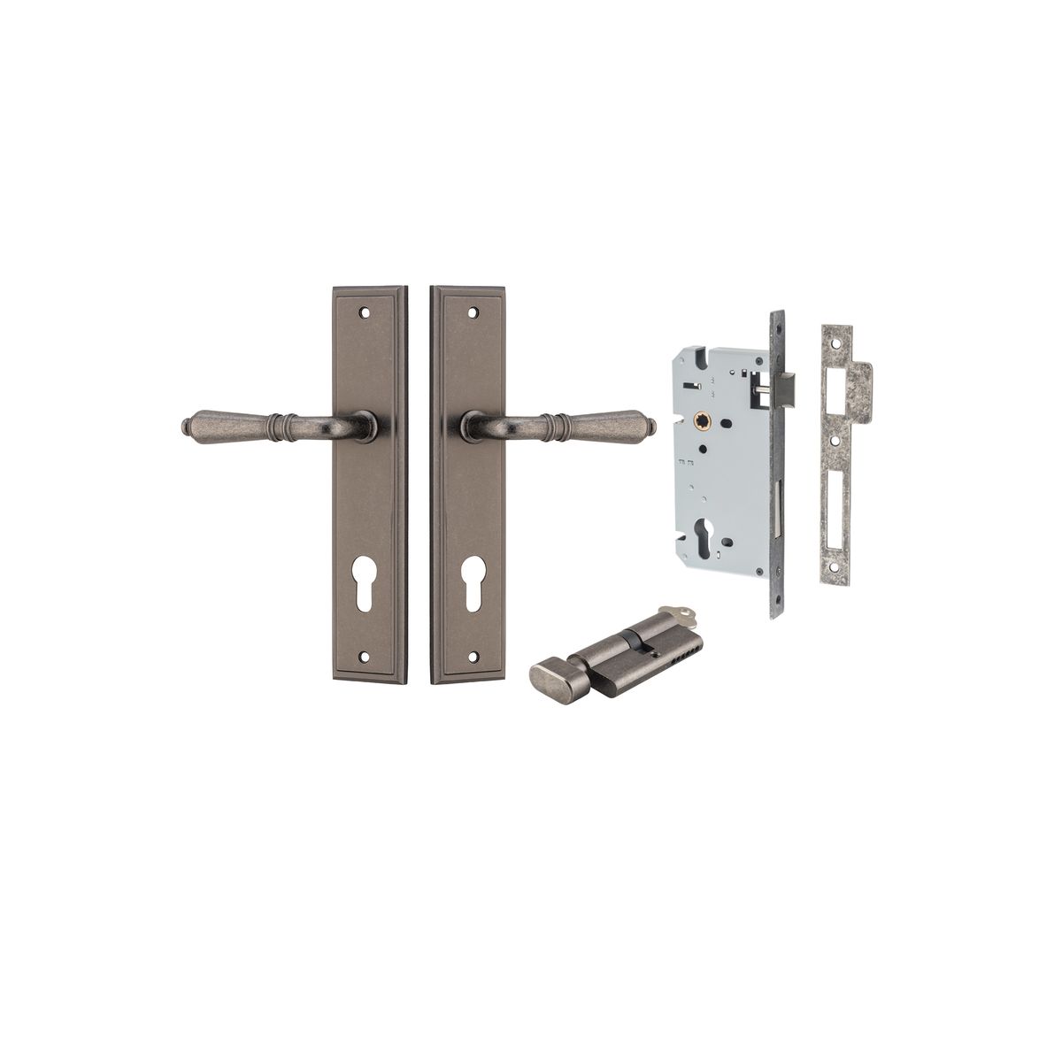 Pair of Iver Sarlat levers on stepped backplates, showcasing sleek, modern door hardware in a brushed finish.