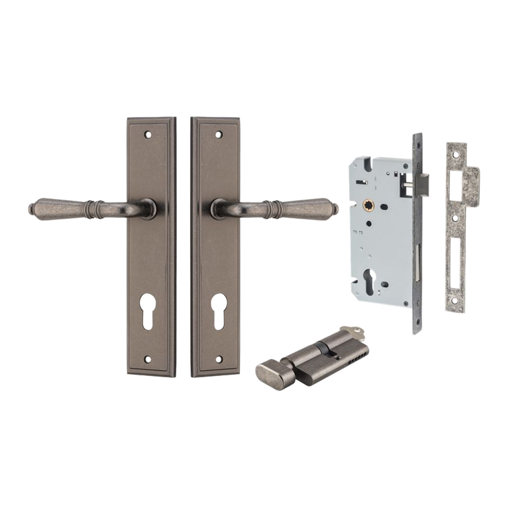 Door Lever Sarlat Stepped Distressed Nickel Key / Thumb Entrance Kit in Distressed Nickel