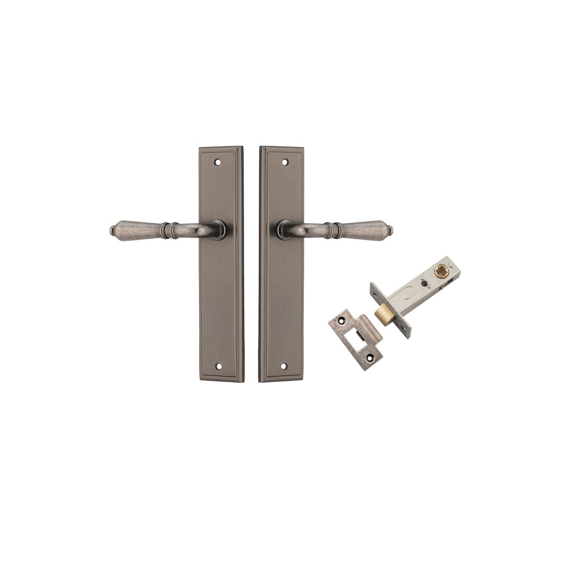 Pair of Iver Sarlat lever handles on stepped backplates, showcasing elegant brass hardware for doors.