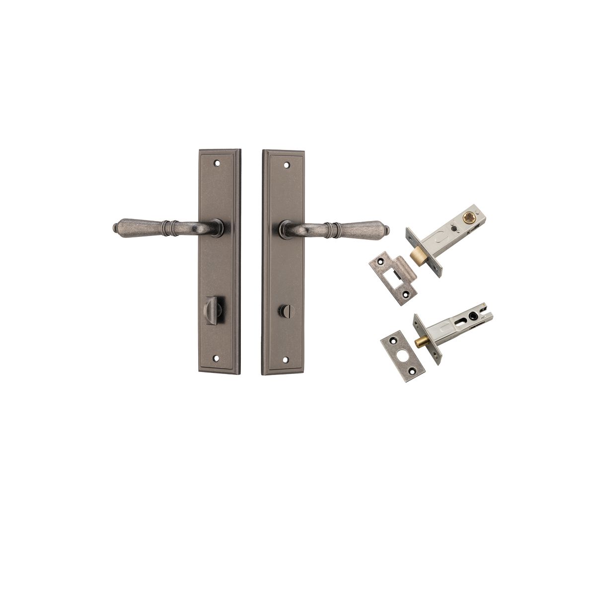 Pair of Iver Sarlat lever handle door handles on stepped backplates, showcasing elegant bronze finish and classic design.