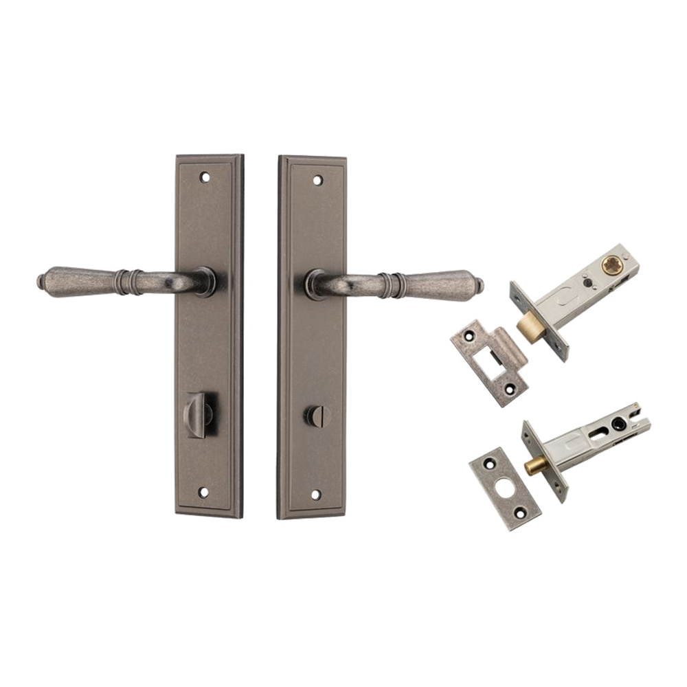 Door Lever Sarlat Stepped Distressed Nickel Privacy Kit in Distressed Nickel