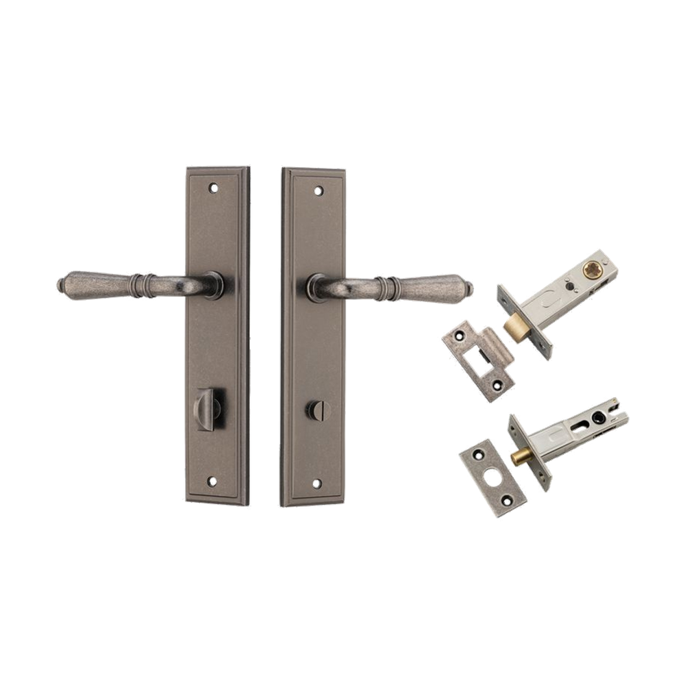 Door Lever Sarlat Stepped Distressed Nickel Privacy Kit in Distressed Nickel