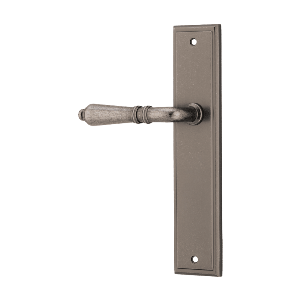 Door Lever Sarlat Stepped Latch Left Hand Fixed Distressed Nickel L111xP56mm BPH237xW50mm in Distressed Nickel
