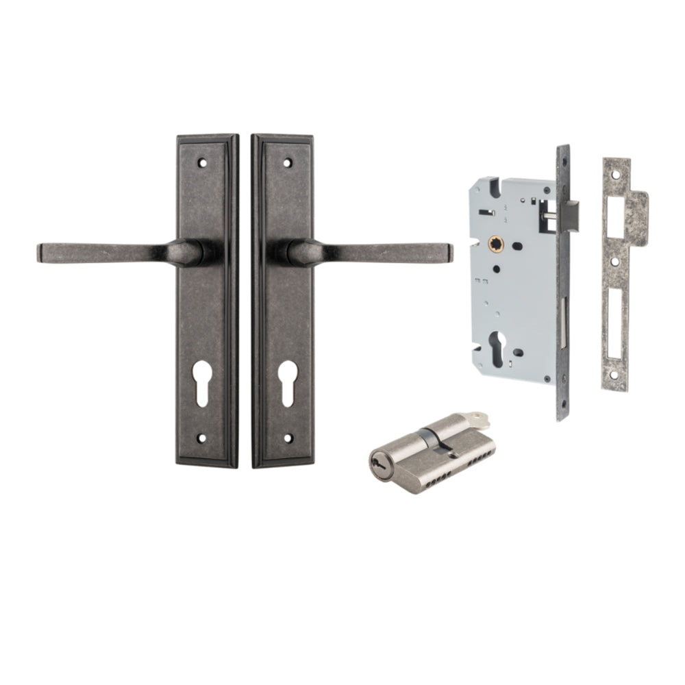 Door Lever Annecy Stepped Euro Distressed Nickel CTC85mm H240xW50xP65mm Entrance Kit Mortice Lock Euro Distressed Nickel CTC85mm Backset 60mm, Euro Cylinder Dual Function 5 Pin Distressed Nickel L65mm KA1 in Distressed Nickel