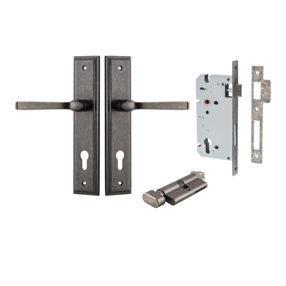 Door Lever Annecy Stepped Euro Distressed Nickel CTC85mm H240xW50xP65mm Entrance Kit Mortice Lock Euro Distressed Nickel CTC85mm Backset 60mm, Euro Cylinder Key Thumb 6 Pin Distressed Nickel L70mm KA1 in Distressed Nickel