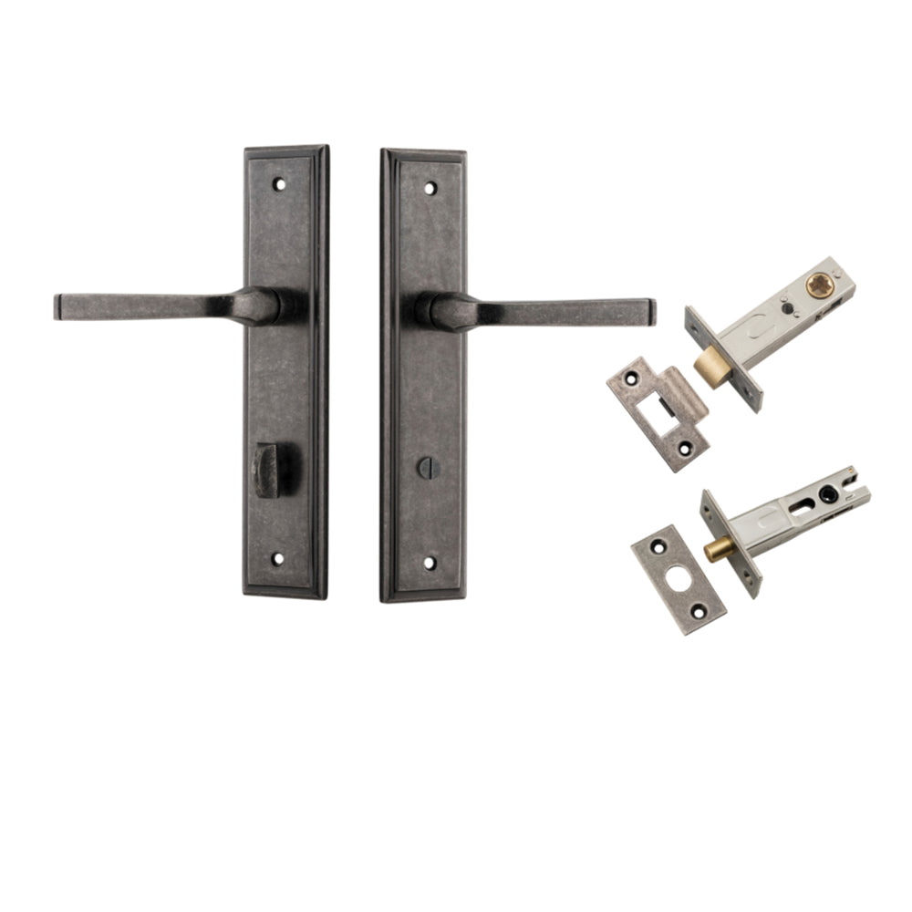 Door Lever Annecy Stepped Privacy Distressed Nickel CTC85mm H240xW50xP65mm Inbuilt Privacy Kit Tube Latch Split Cam 'T' Striker Distressed Nickel Backset 60mm, Privacy Bolt Round Bolt Distressed Nickel Backset 60mm in Distressed Nickel