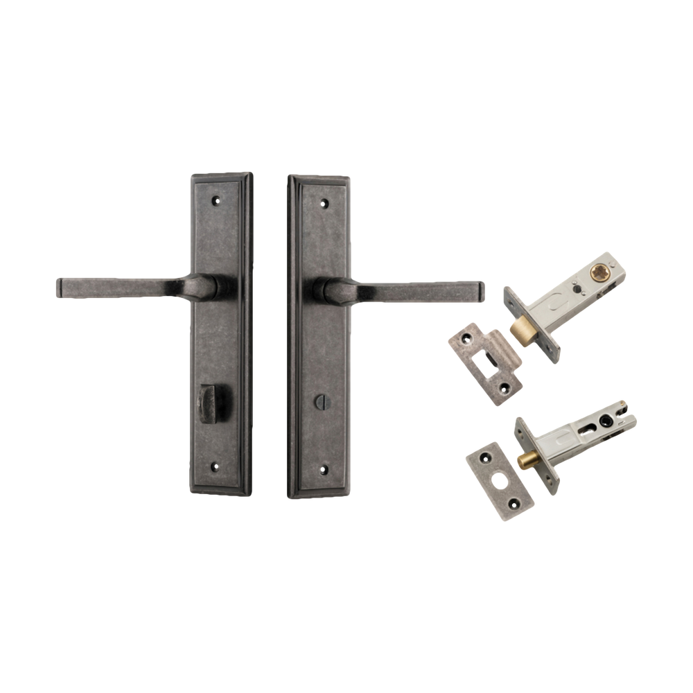Door Lever Annecy Stepped Privacy Distressed Nickel CTC85mm H240xW50xP65mm Inbuilt Privacy Kit Tube Latch Split Cam 'T' Striker Distressed Nickel Backset 60mm, Privacy Bolt Round Bolt Distressed Nickel Backset 60mm in Distressed Nickel