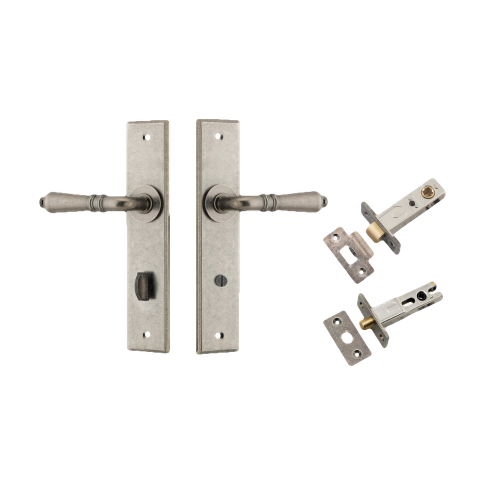 Door Lever Sarlat Chamfered Privacy Distressed Nickel CTC85mm L111xP55mm BPH240xW50mm Privacy Kit Tube Latch Split Cam 'T' Striker Distressed Nickel Backset 60mm, Privacy Bolt Round Bolt Distressed Nickel Backset 60mm in Distressed Nickel