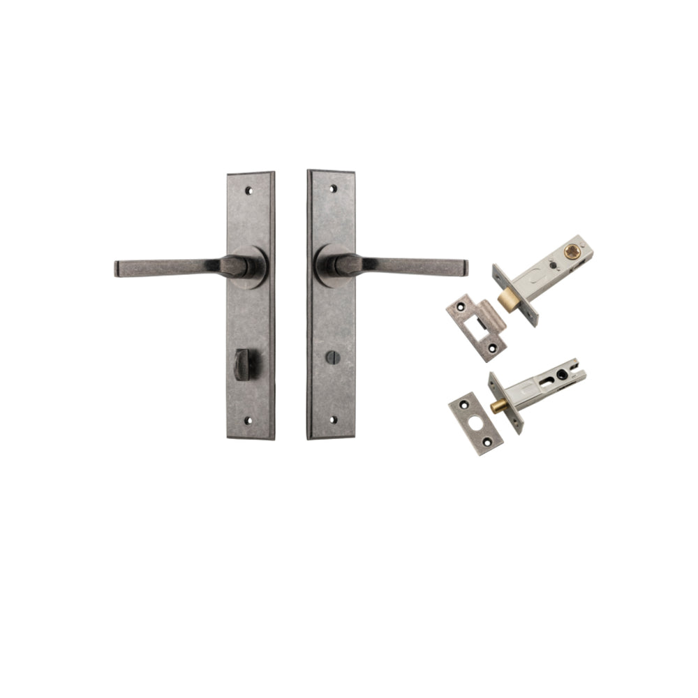 Pair of Iver Annecy lever door handles on chamfered backplates, featuring sleek modern design in a polished finish.