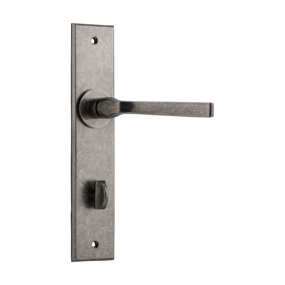 Pair of Iver Annecy lever handles on chamfered backplates, featuring a sleek, modern design suitable for interior doors.